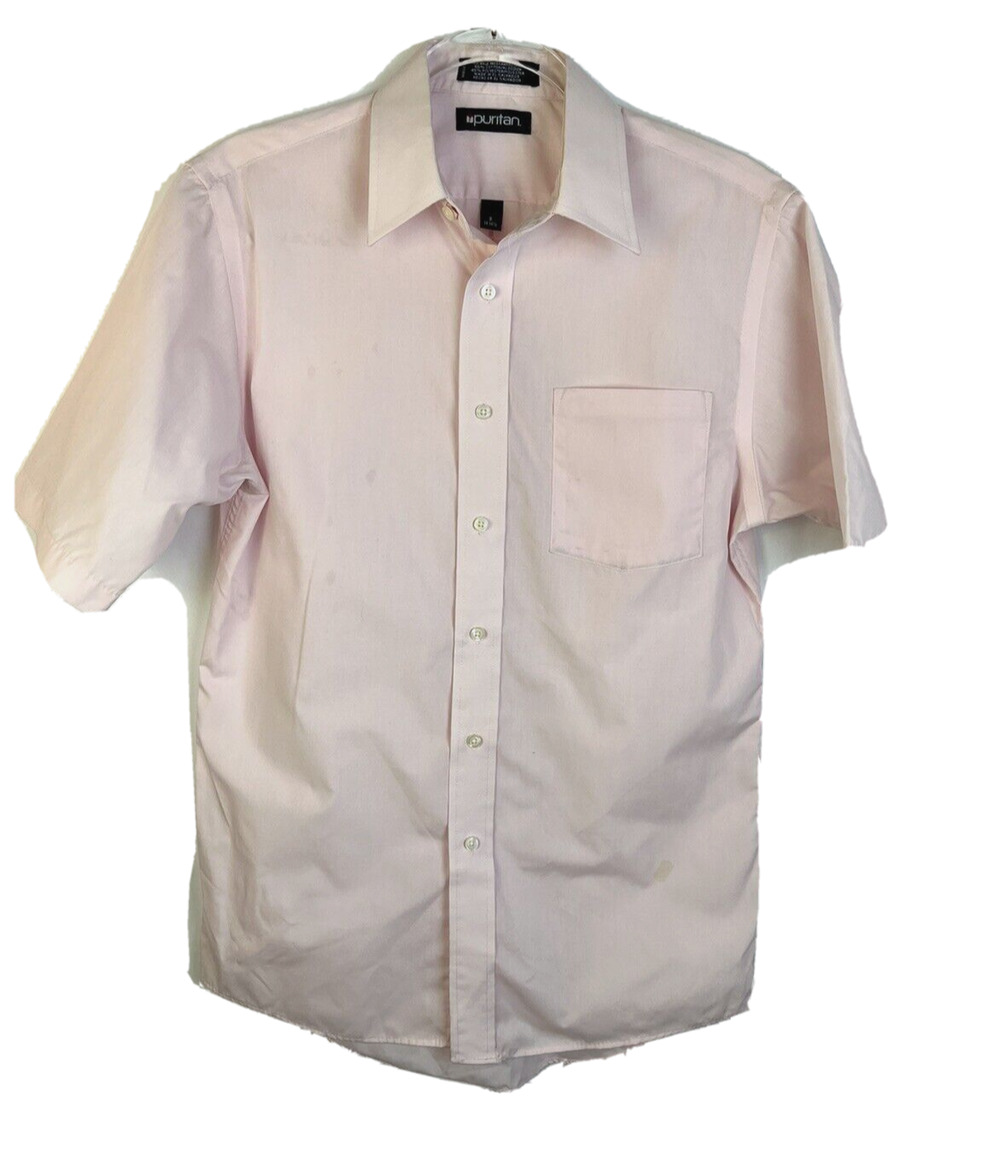 Puritan Short Sleeves Button Up Shirt Men's Small 14.5 Pink Wrinkle Free